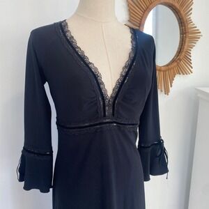 Vintage Y2K Laundry by Shelli Segal Black Lace Bell Sleeve Dress 6 Velvet Trim